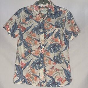 American Eagle Tropical Short Sleeve Button-Down Shirt Blue Coral Size S EUC